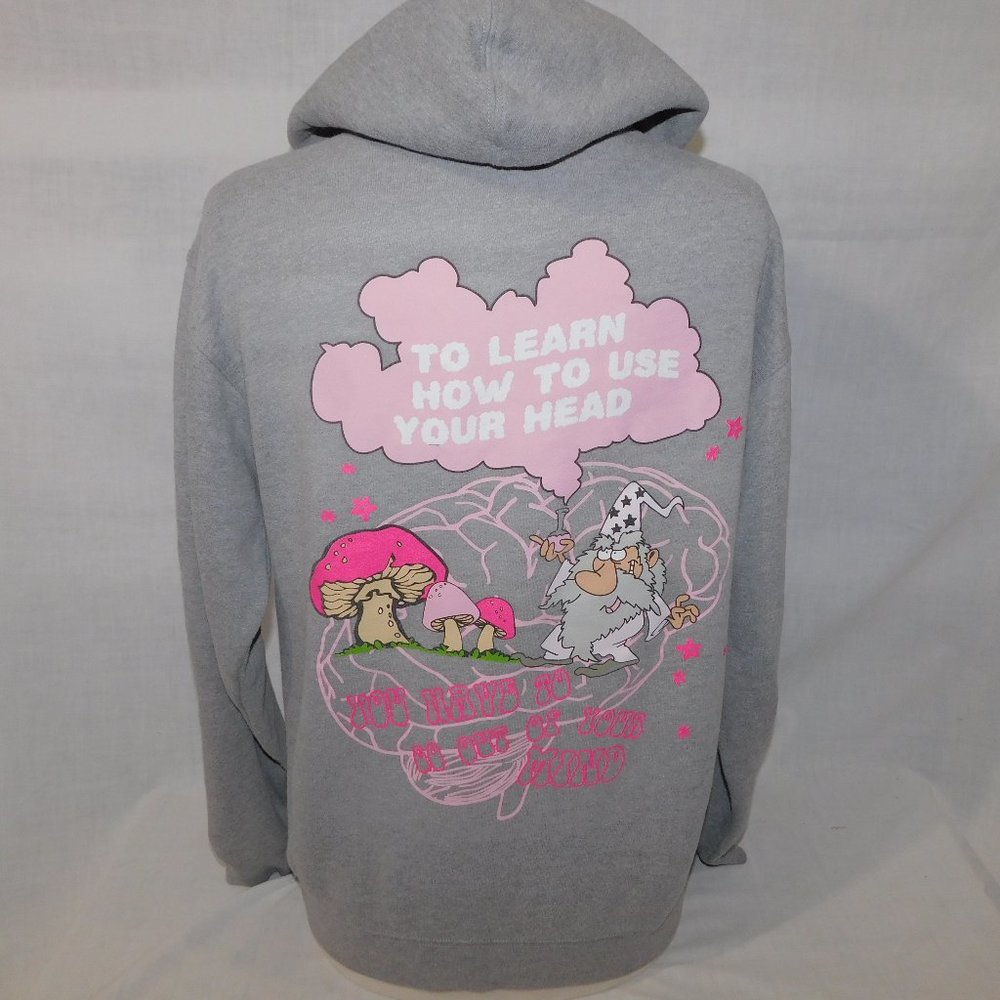 Gray Graphic Hoodie with Pink Mushroom & Wizard Print